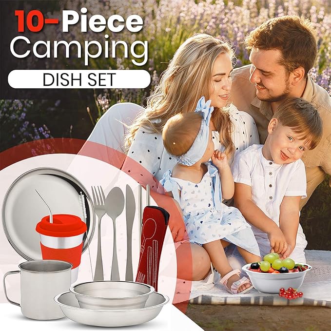 10-Piece Camping Dish Set - Stainless Steel Camp Mess Kit with Mesh Bag for Camping, Backpacking, Hiking - Complete Camping Dinnerware Set with Cup, Plate, Bowl, and Cutlery (with Zipper Cutlery Bag)