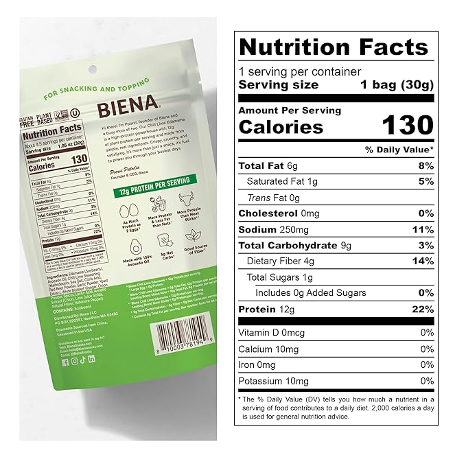 Biena Crispy Roasted Edamame Beans Snack ??High Protein Snack for Adults & Kids, 12g-13g Protein per Serving - Made with Avocado Oil ??Vegan, Low Carb, Gluten-Free ??3-Pack 4.75oz, Chili Lime