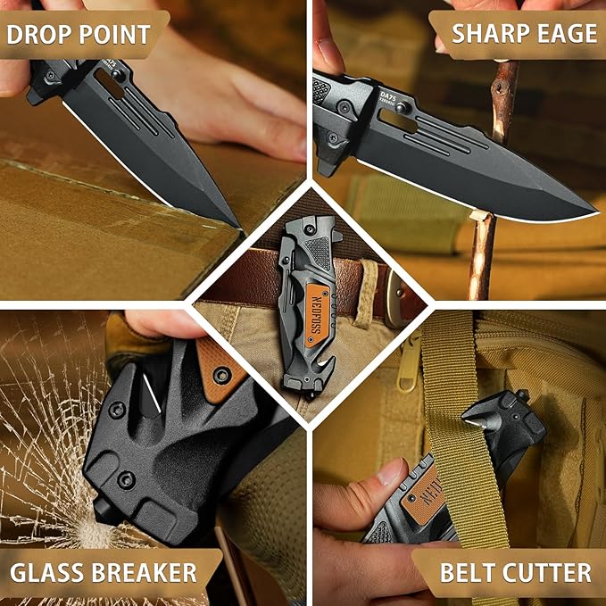 NedFoss Pocket Folding Knife DA75 Mini, 3 in 1 Pocket Knife for Men, 2.95 Inch Survival Knife with Liner-Lock Belt Clip, Seat Belt Cutter, Glass Breaker, Hunting knife for Camping Hiking