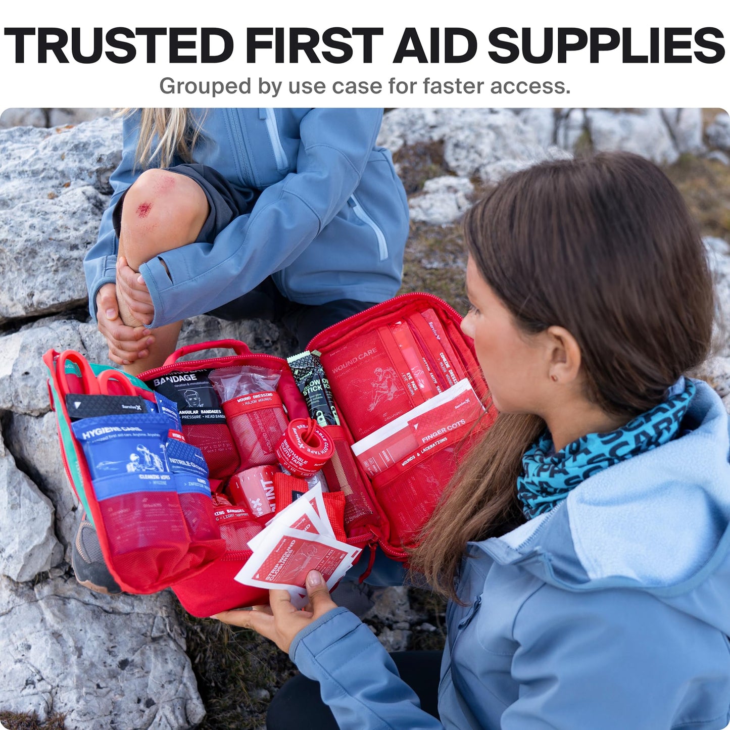 SurviveX Large First Aid Kit, Labeled Pockets, Zip Stitch Wound Closures