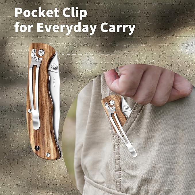 Vickay Pocket Knife for Men, Folding Knife with Clip, 3.74" 8Cr13MoV Steel Blade, Wood Handle EDC Knife for Outdoor Camping,Tactical, Hunting and Fishing Gift (Zebrawood)