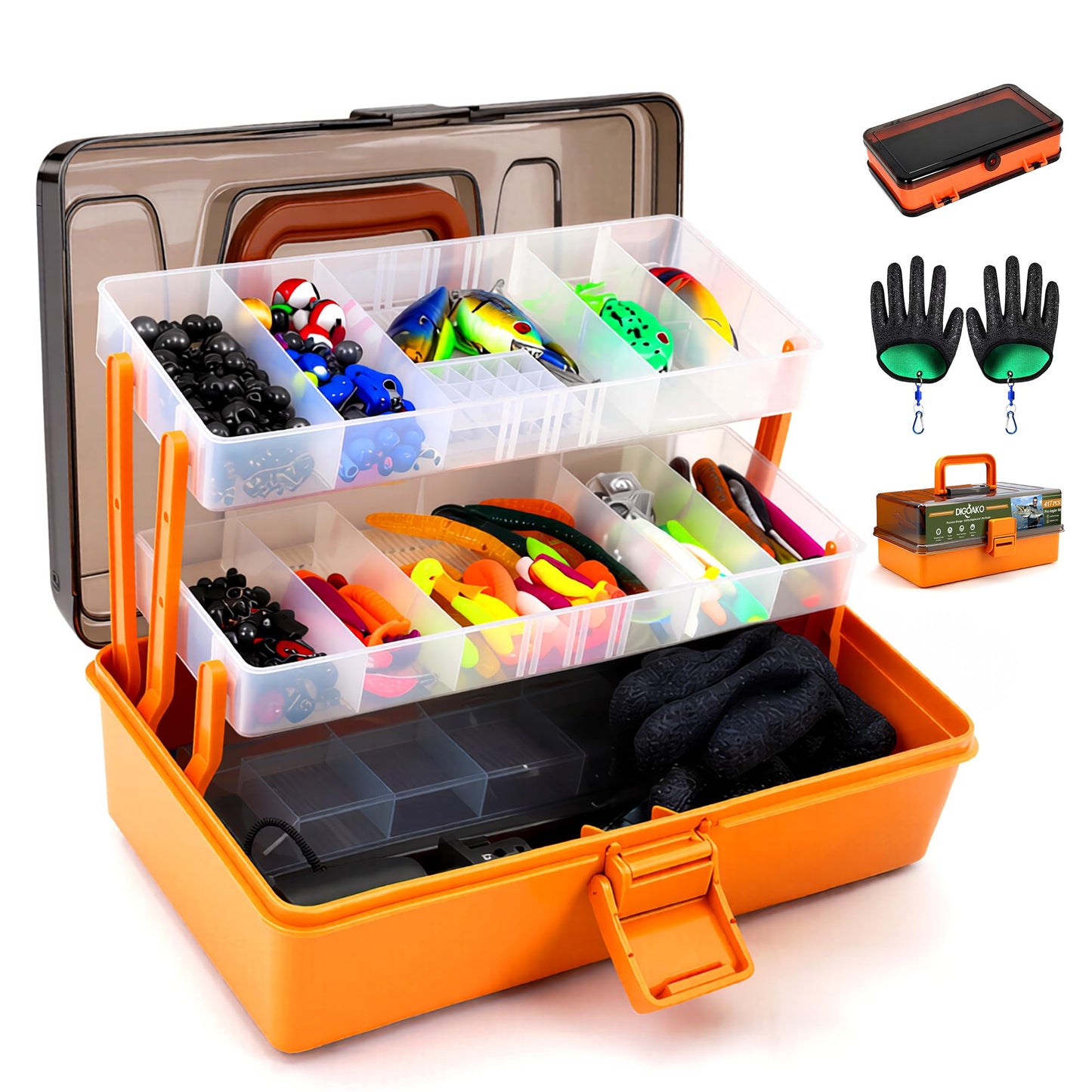 Large 3-Layer Tackle Box with Tackle Included, 417Pcs Fishing Lures Kit