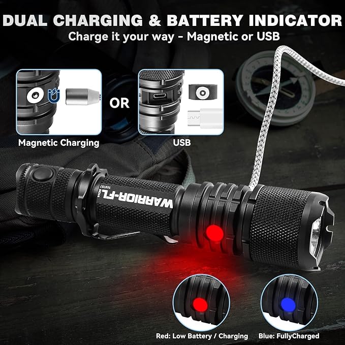 PowerTac Warrior G4-FL 4200LM Tactical Flashlight Rechargeable, High Lumen Light with Holster, Wide Beam, USB & Magnetic Dual Charging, Waterproof Handheld EDC LED Flashlights for Duty and Outdoor Use