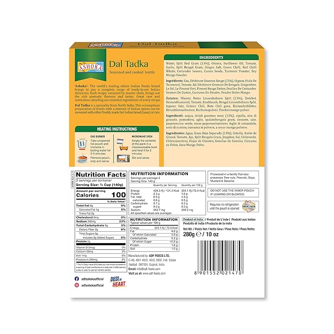 Ashoka Meals 1932, Plant-Based Lentils Curry, All-Natural Ready to Eat Meals, Authentic Dal Tadka, Portable Indian Food, Great for Lunch, Kosher Certified, Gluten-Free, No Preservatives, Pack of 10