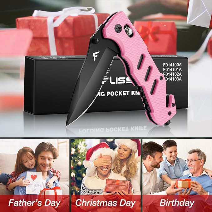 FLISSA Folding Pocket Knife with Clip, Glass Breaker and Seatbelt Cutter, Survival Knife for Emergency Rescue Situations, EDC Knife for Tactical, Hunting, Camping, Outdoor, Unique Gifts for Dad, Father-Pink