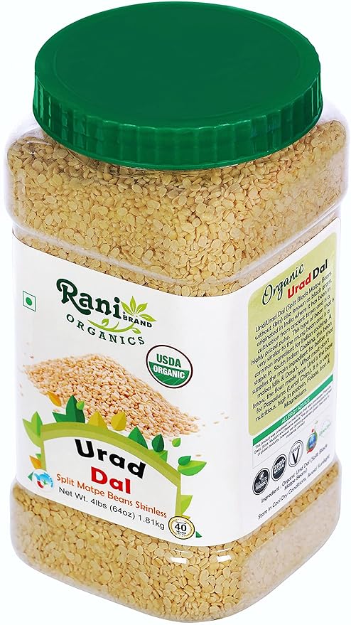Rani Organic Urid/Urad Dal (Split Matpe Beans Skinless) Indian Lentils 64oz (4lbs) 1.81kg Bulk PET Jar ~ All Natural | Vegan | Gluten Friendly | NON-GMO | Indian Origin | USDA Certified Organic