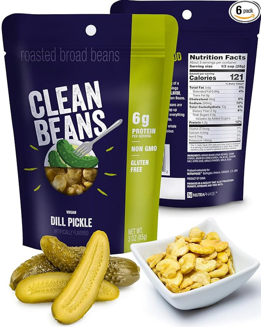 Clean Beans Broad Fava Beans Snack - Dill Pickle Flavor, 6g Protein, Low Sugar, Non-GMO, Non-Gluten - On The Go Office Snack - Nutraphase, 85g x 6-Count