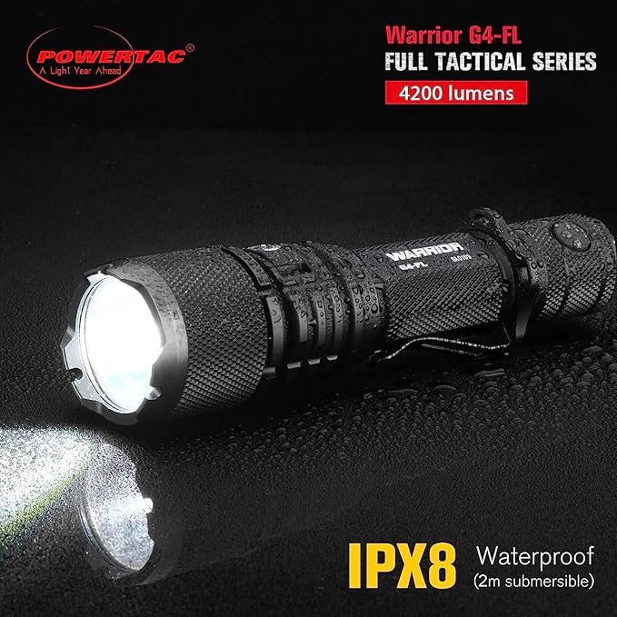 Powertac Warrior G4-FL 4200 Lumen (Wide Beam) Tactical Handheld Flashlight High Lumen, Waterproof, USB Rechargeable Flashlight and Dual-Charging Magnetic Police Duty LED Flashlight