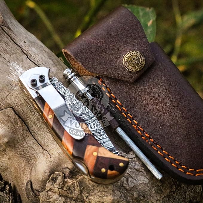 Damascus Pocket Knife for Men Handmade - 6.5 Inches Damascus Folding Knife with Sheath -Ideal for Him as an Anniversary Present - Best for EDC - Camping and Hiking - Pocket Knives with Back Lock