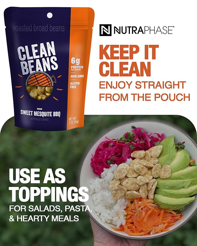 Clean Beans Broad Fava Beans Snack - Sweet Mesquite BBQ Flavor, 6g Protein, Low Sugar, Non-GMO, Non-Gluten - On The Go Office Snack - Nutraphase, 85g x 6-Count
