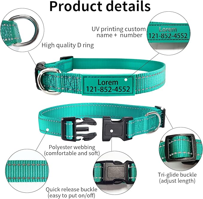 Personalized Dog Collar, Custom ID Collar Reflective Nylon Collar with Pet Name and Phone Number 4 Adjustable Sizes X-Small Small Medium Large Quick Release Buckle and D-Ring (Solid)