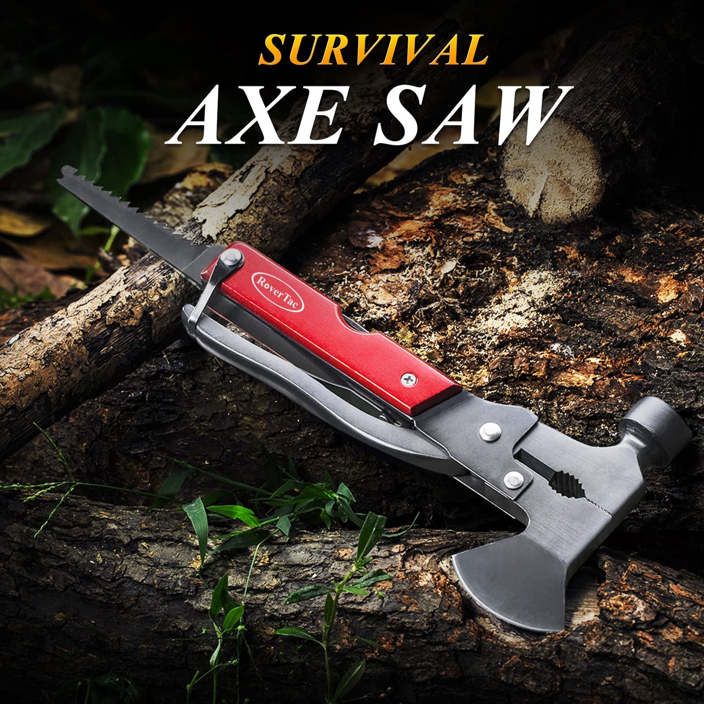 RoverTac 14-in-1 Multitool Camping Axe Hatchet – Essential Camping Gear with Knife, Hammer, Saw