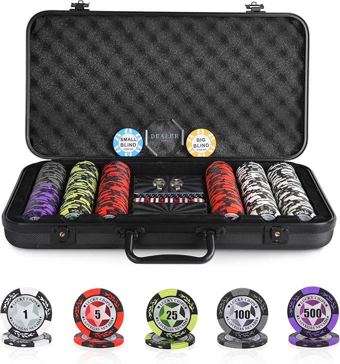 ORIENGEAR Poker Chip Set with Denominations, 300 PCS 14 Gram Clay Composite Casino Chips with ABS Case & 2 Decks of Plastic Cards, for Texas Holdem Blackjack Gambling Games