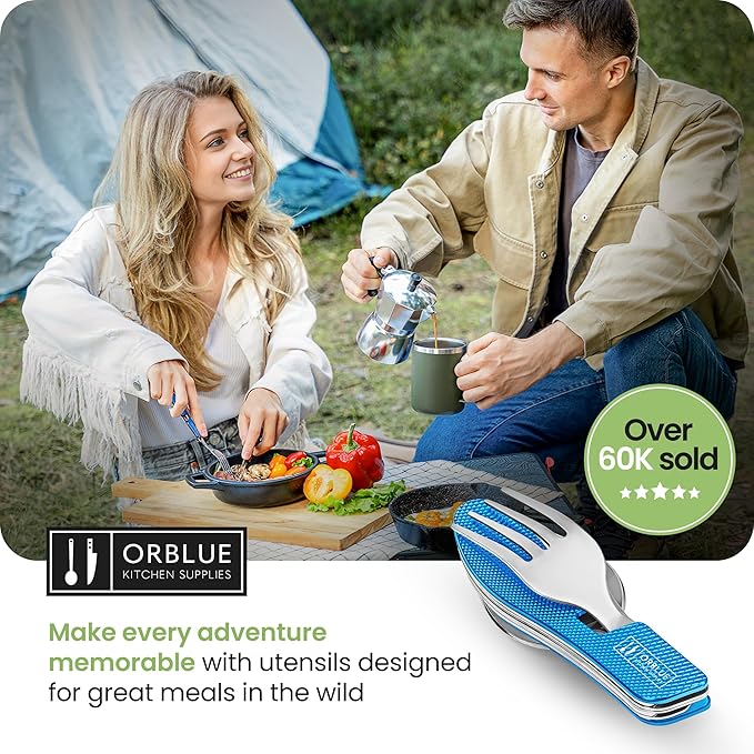 Orblue 4-in-1 Camping Eating Utensils, 2-Pack - Portable Spoon, Fork, Knife & Bottle Opener Combo Set - Stainless Steel Flatware with Detachable Fork - Travel, Backpacking Cutlery Multitool, Blue