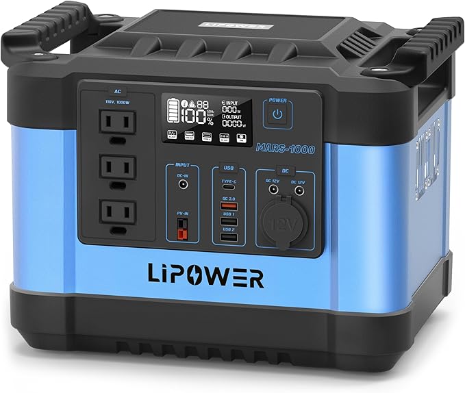 Lipower Power Station 1000W, 1120Wh LiFePO4 Battery Solar Generator for Camping, AC Outlets*3, PD 60W, Portable Power Station for Home Use, CPAP, Emergency-Blue