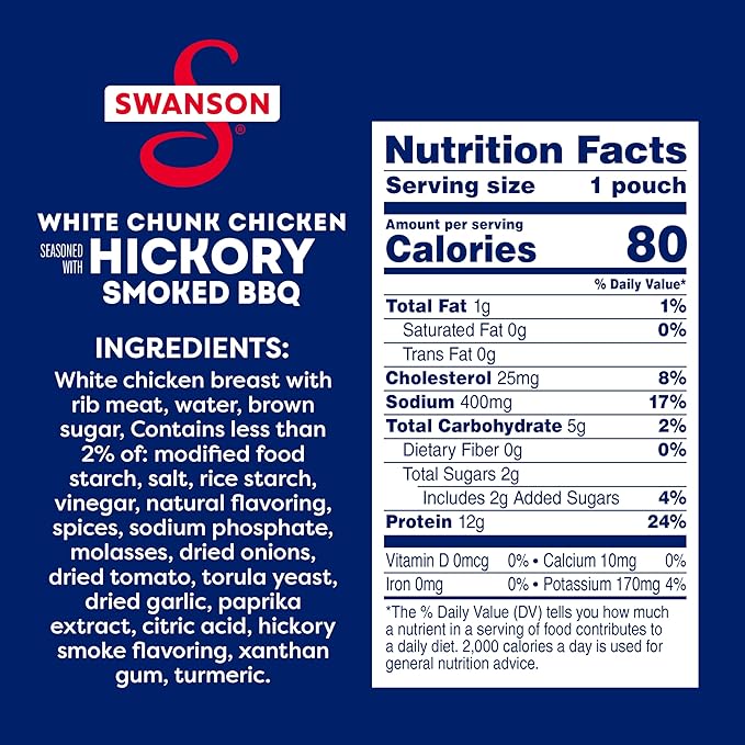 Swanson Hickory Smoked BBQ White Chunk Fully Cooked Chicken, 2.6 oz Pouch