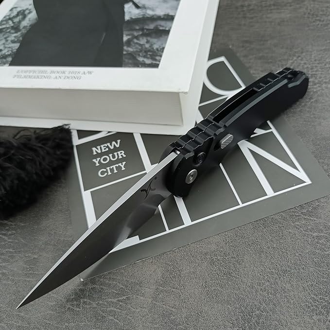 HUAAO 7.5??Assisted Opening Push Button Folding Pocket Knife, 2.8??D2 Blade Aluminum Alloy Handles with Pocket Clip and Lanyard Loop for EDC