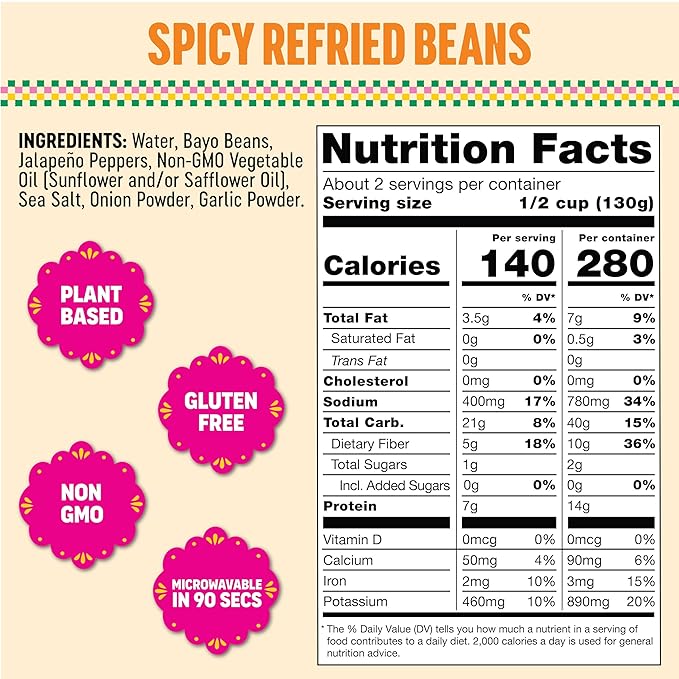 SOMOS Spicy Refried Beans - Gluten Free, Non-GMO, Vegan & Microwavable Meals Ready to Eat - Delicious, Healthy & Convenient - Perfect for Tacos, Tostadas & More | 10 oz (Pack of 6)