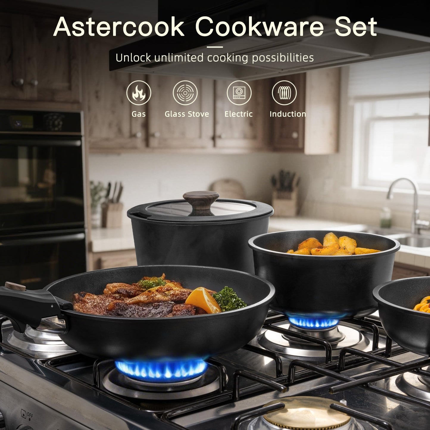 Astercook 21 Pcs Pots and Pans Set Non Stick, Ceramic Cookware Set Detachable Handle, RV Kitchen