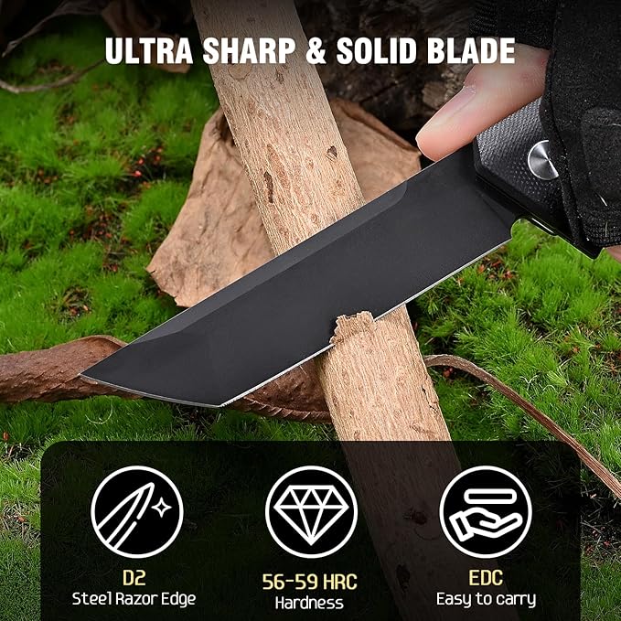 Folding Pocket Knife with D2 Steel Blade, G10 Handle, Black, EDC Knife, Pocket Clip for Camping
