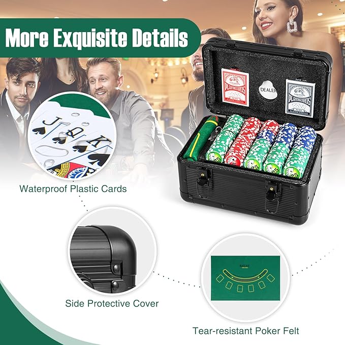 Goplus Poker Chip Set, 600 PCS Chips, 2 Decks Cards, Dealer Button, Poker Felt, Aluminum Case for Texas Holdem, Casino, Family Night, Blackjack