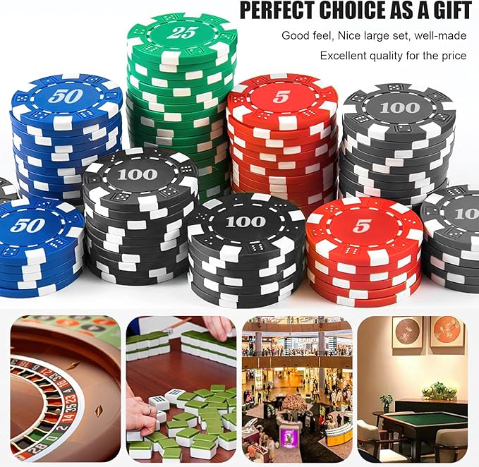 100Pcs Poker Chip with Denominations, Casino Poker Chips Set with Numbers, 11.5 Gram Clay Composite Plastic Poker Chips for Casino Card Games Texas Holdem Blackjack (General Packaging)