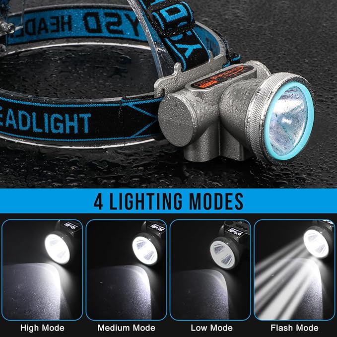 High Brightness LED Headlamp with Display Screen Rechargeable USB-C Waterproof Headlight with Runtime Indicator 4 Lighting Modes Light for Camping, Work, Hunting, Fishing (Mode 502 - White Light)