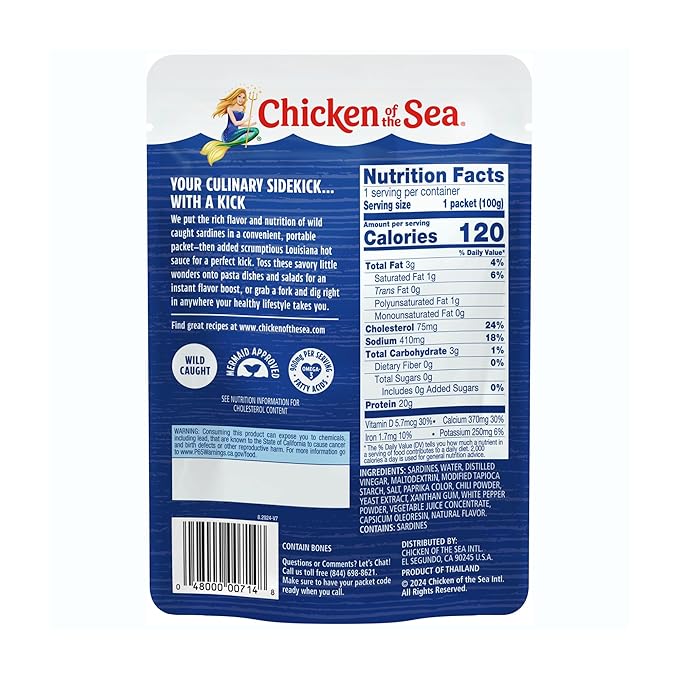 Chicken of the Sea Sardines in Louisiana Hot Sauce, 3.53 oz. Packet (Box of 36), Wild Caught Sardines