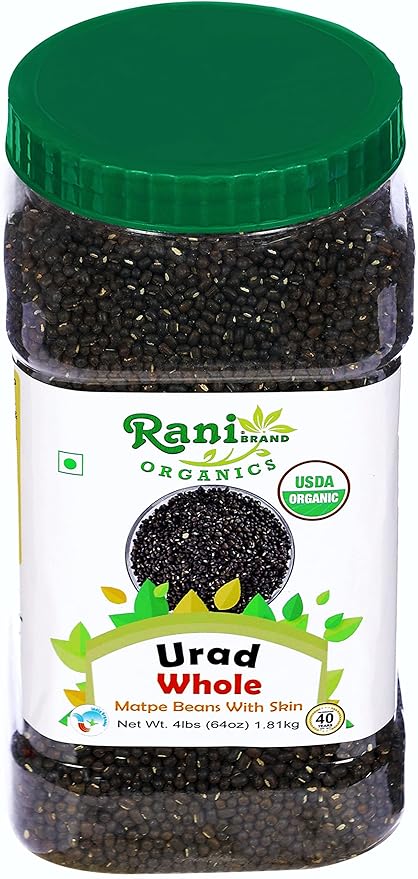 Rani Organic Urid/Urad Whole Black (Matpe Beans With Skin) Indian Lentils 64oz (4lbs) 1.81kg Bulk PET Jar ~ All Natural | Vegan | Gluten Friendly | NON-GMO | Indian Origin | USDA Certified Organic
