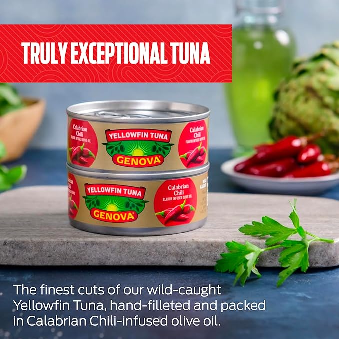 Genova Premium Yellowfin Tune in Calabrian Chili Infused Olive Oil, 5 Ounce Cans, 12-Pack ??Nutrient Rich, High Protein Canned Tuna Fish - Delicious, Easy, Nutritious Ready to Eat Meals