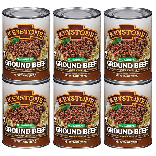 Keystone Meats All Natural Ground Beef 14 Oz Fully Cooked Canned Meat | Heat & Serve | 5-Year Shelf Life | Ready to Eat, Gluten-Free Pantry Staple | Survival & Emergency Food | Made in USA | Pack of 6