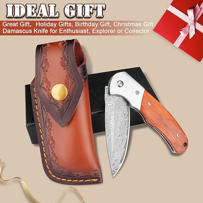 KOMWERO Damascus Pocket Knife with Clip for Men, VG10 Damascus Steel Folding Knives, EDC Damascus Knife with Leather Sheath Wooden Handle for Camping Collection