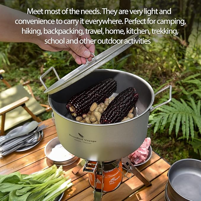 Boundless Voyage Outdoor Camping Titanium Pot 5.0L Stockpot with Lid Folding Handle Hiking Picnic Portable Big Capacity Soup Pot Home Kitchen