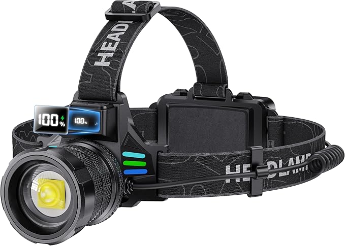 High Lumens Headlamp Rechargeable 4000 Super Bright LED Head Lamp Battery Powered,12 Modes Waterproof Headlight Zoomable Digital Display Headlamps for Hardhat Hunting Camping Hiking Fishing