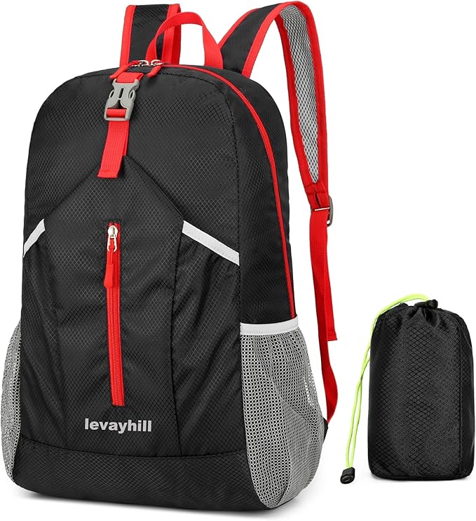 25L Foldable Hiking Backpack Lightweight Packable Basic-Daypack Collapsible Bag Water-Resistant Travel Men Women Camping Cycling Outdoor (Black)