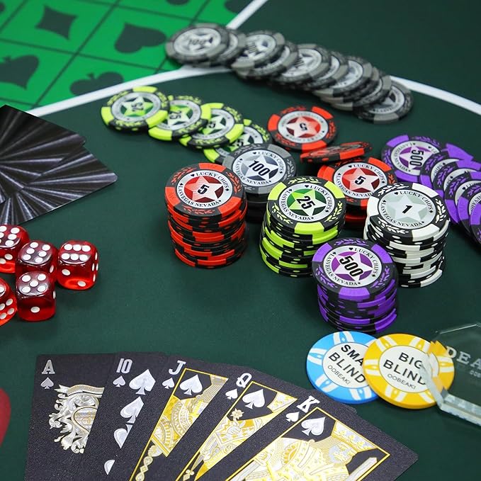 ORIENGEAR Poker Chip Set with Denominations, 300 PCS 14 Gram Clay Composite Casino Chips with ABS Case & 2 Decks of Plastic Cards, for Texas Holdem Blackjack Gambling Games