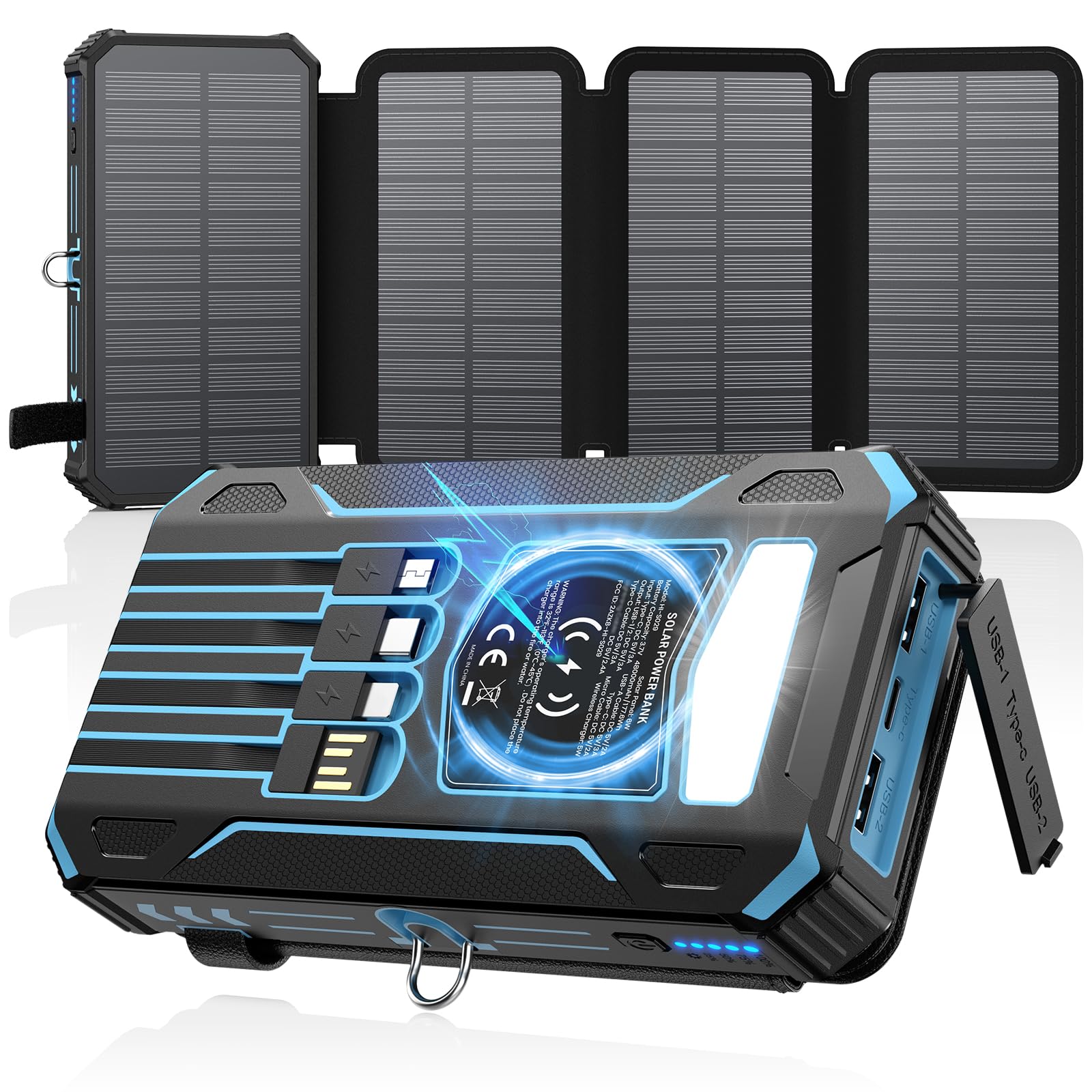 SOARAISE Solar Power Bank 48000mAh Wireless Battery Pack with 4 Cables