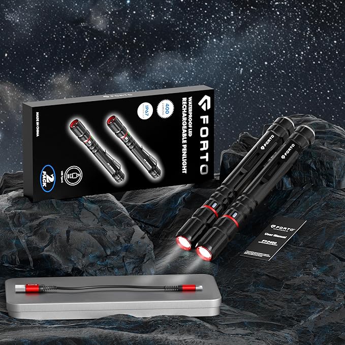 FORTO Rechargeable Pen Light Flashlight, 400 Lumens Small Pocket Flashlight with Clip, IP67 Waterproof, 2 Light Modes, 3-Color Battery Indicator, Type-C Charging, for Inspection,Emergency（2 Pack）