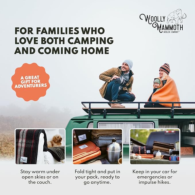 Woolly Mammoth Woolen Company Camping Blankets - 66 x 90 in, Black & Cream Plaid - Merino Wool Throw & Outdoor Backpacking Blanket for Picnic & Travel