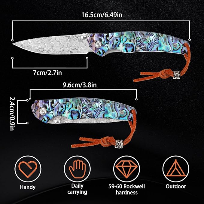 Handmade Damascus Steel Folding Pocket Knife - Abalone Shell Handle, Leather Sheath & Sharpener | Compact EDC Tool for Outdoor, Camping, Gifts