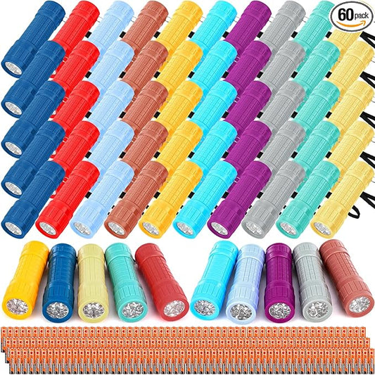 Riakrum 60 Pack 9 LED Flashlight Bulk Small Plastic Handheld Flashlights with Lanyard for Home School Night Reading Emergency Christmas Gifts, AAA Batteries Included(Cute Color)