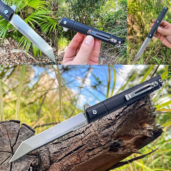 Flipper Pocket Folding Knife,DC53 Steel Blade and G10 Handle. With pocket clip and glass breaker,men's pocket knife hiking trip EDC tool Knife (Stone Wash Blade-T)