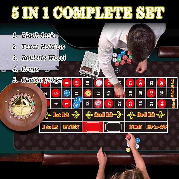 5 in 1 Super Casino Game Set: Blackjack/Texas Hold'em/Roulette/Craps/Poker Kit, 10" Wooden Roulette Wheel, Carrying Case with 360 Plastic Chips, 6 Deck Shuffler, 2 Double-Sided Rubber Mat And More