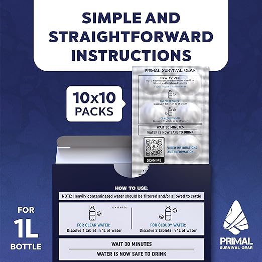 Water Purifier Tablets ?“Water Purification Tablets for Emergency Water - Hiking, Camping, Survival, Emergency ??Drinking Water Filtration System Survival Tabs - Purificador De Agua - 1L - 100 Tablets