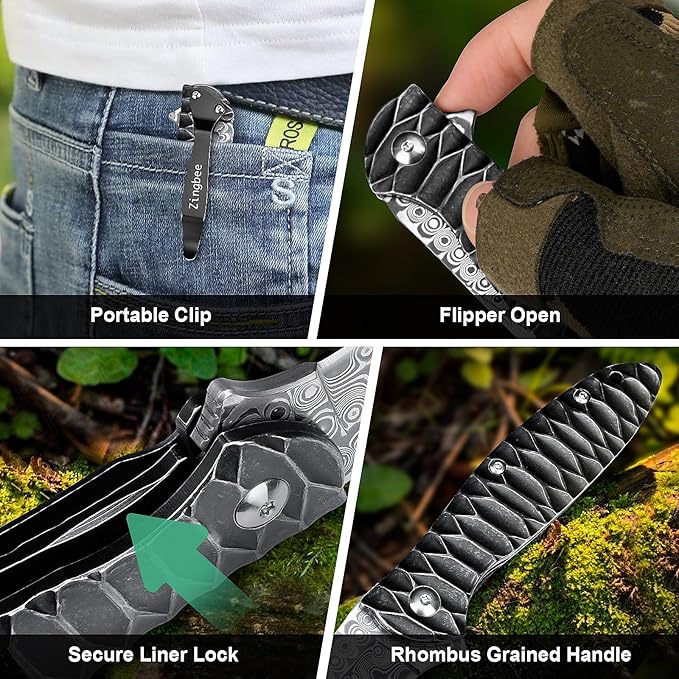 Damascus Pocket Knife, 2.87" Damascus Blade Folding Knives with Stainless Steel Handle, EDC Knife for Camping Hiking Hunting Gift