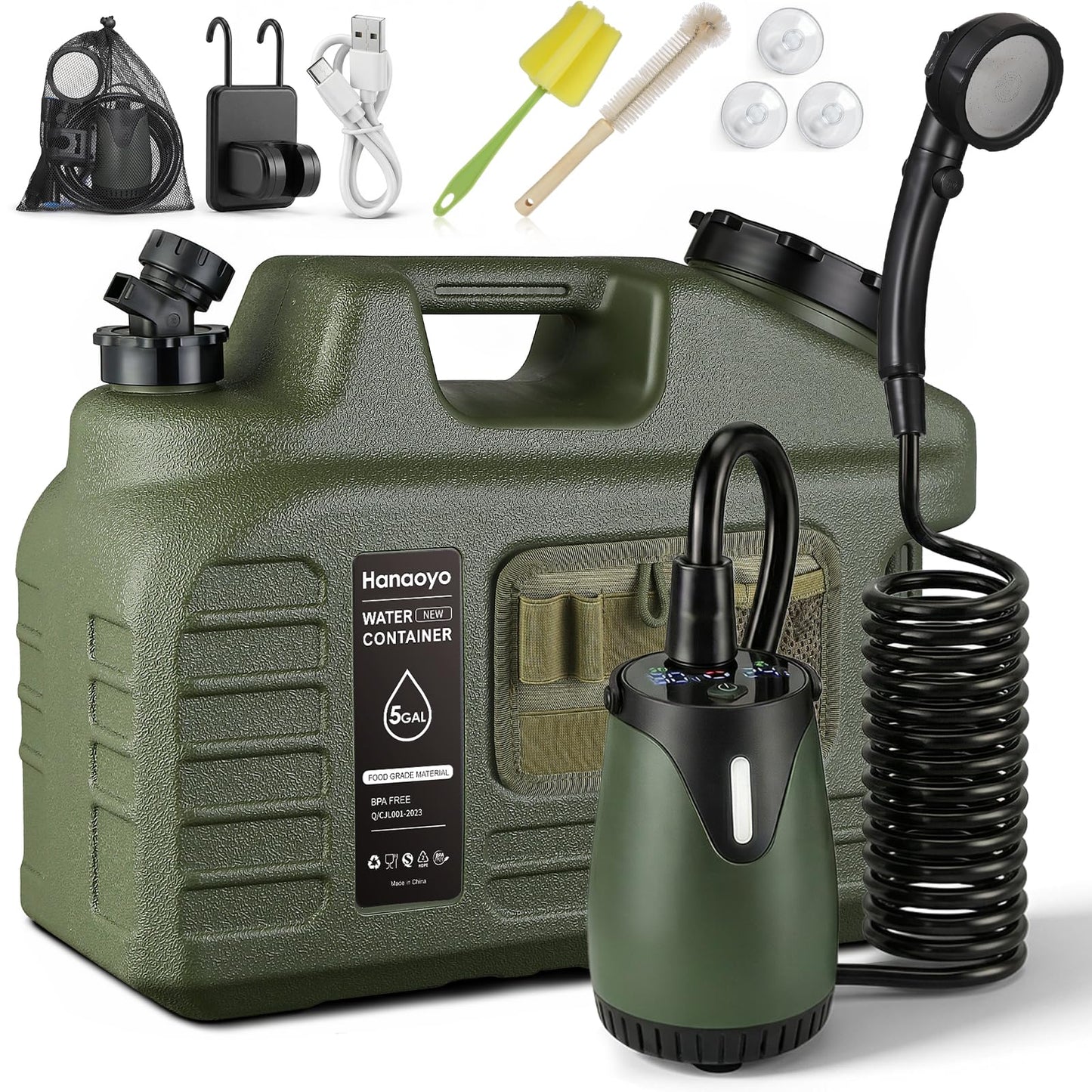 Portable Camping Shower Kit with 5 Gallon Water Jug, 8000mAh Rechargeable Shower Pump IPX8