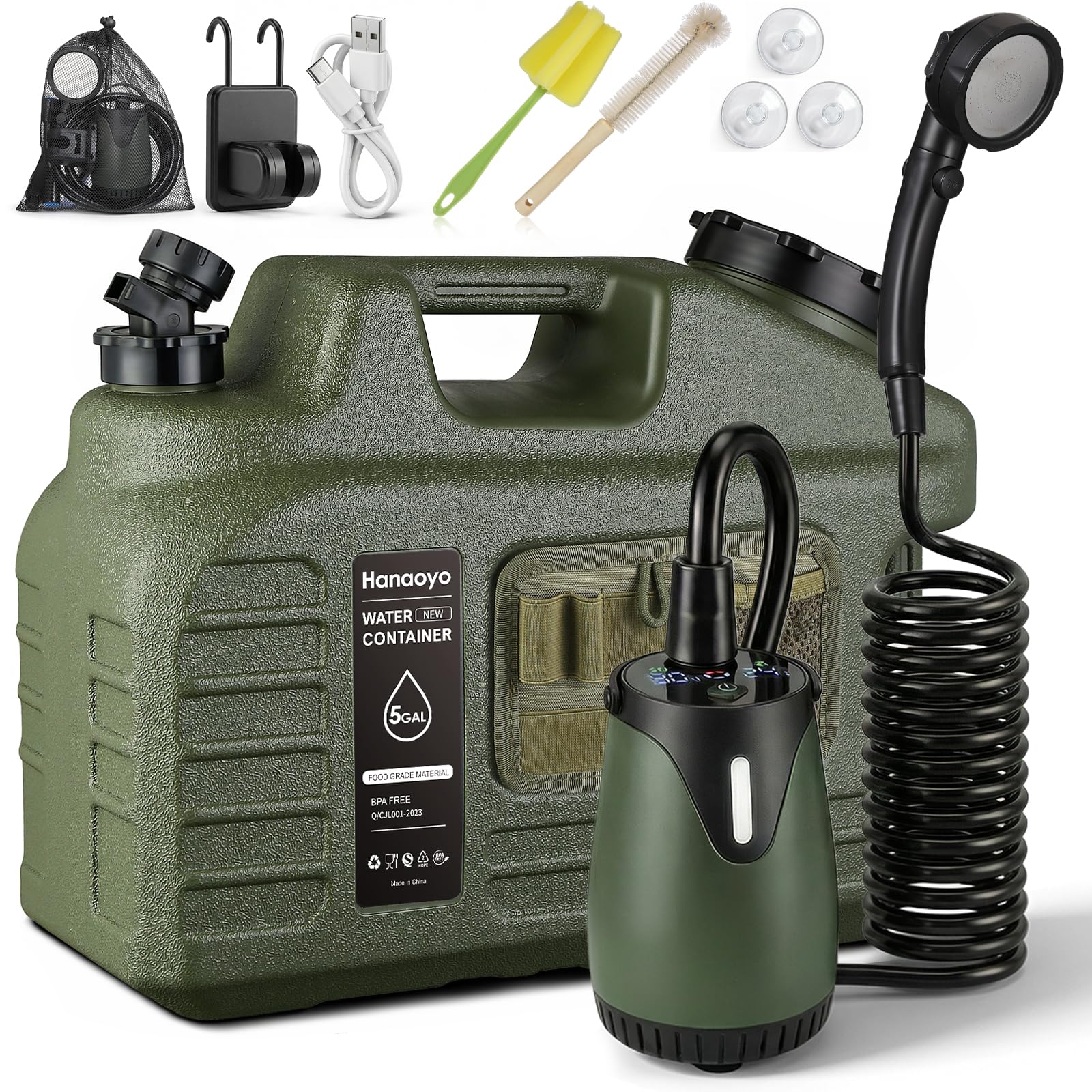 Portable Camping Shower Kit with 5 Gallon Water Jug, 8000mAh Rechargeable Shower Pump IPX8