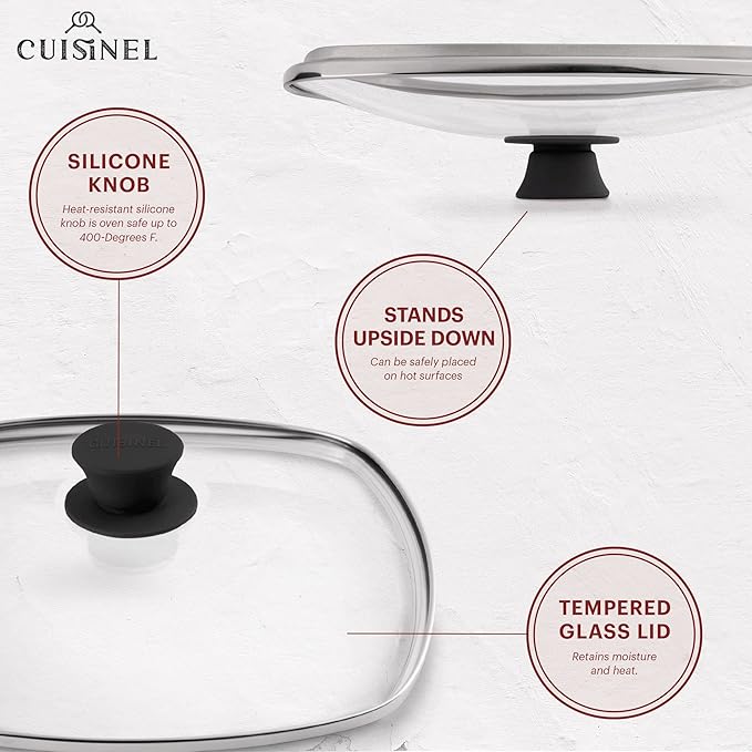 Cuisinel Cast Iron Grill Pan + Rectangular Cast Iron Grill Press + Tempered Glass Lid + Pan Scraper ??Pre-Seasoned Ribbed Skillet ??10.5"-Inch Square Grilling Indoor/Outdoor Camping Fire BBQ Cookware
