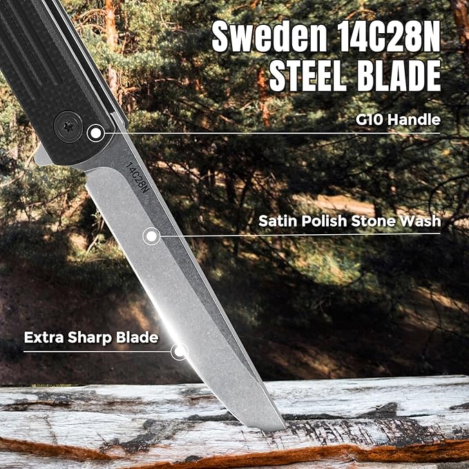 Folding Pocket Knife, 3.19” 14C28N Steel Blade G10 Handle Praxis Small Flipper Liner Lock EDC Folding Knife, Sharp Survival Camping Hiking Hunting Tactical Knives for Men (Black)