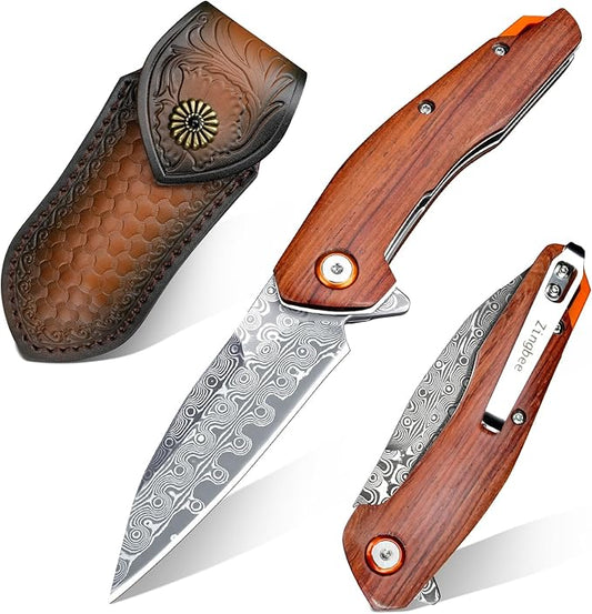 Damascus Pocket Knife for Men Women 3.03" Damascus Blade Folding Knife for EDC Outdoor Fishing Camping Hiking Wooden Handle Pocket Knives with Leather Sheath